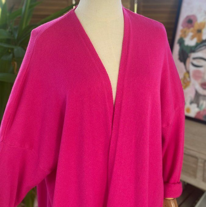 Gilet long sans laine ample Fuschia étoile rose douceur ++++ du 38 au 50/52 