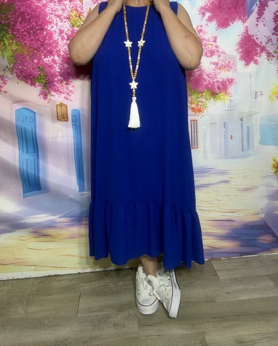 Robe ample mi-longue Bleu Royal sans manches dos triangle bas volanté douceur +++ du 42 au 52/54
