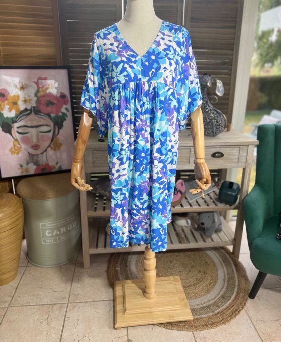 Robe courte trapèze fleurs camaïeu de bleus et violets du 38 au 48  