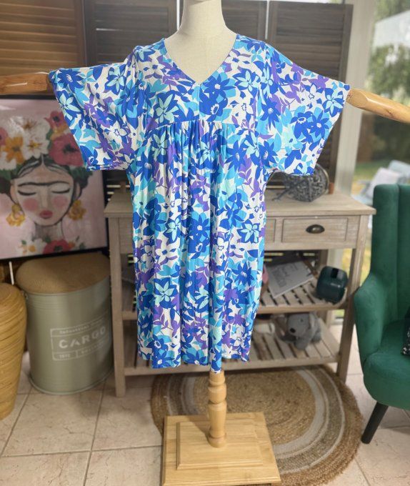 Robe courte trapèze fleurs camaïeu de bleus et violets du 38 au 48  