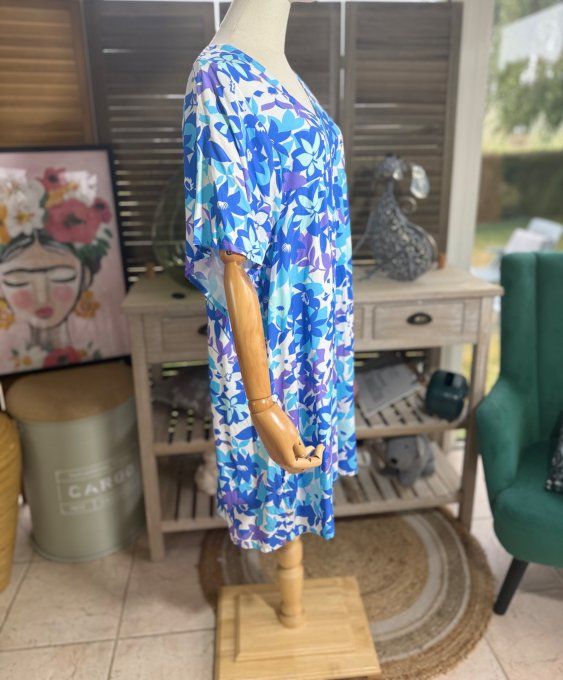 Robe courte trapèze fleurs camaïeu de bleus et violets du 38 au 48  