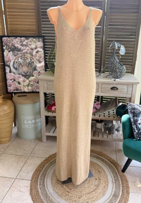 Maxi-robe longue beige lurex doré or du 38 au 42 et même bien + si portée près du corps