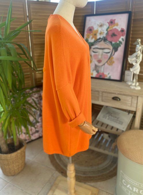 Gilet long sans laine ample orange étoile pailletée douceur ++++ du 38 au 50/52 