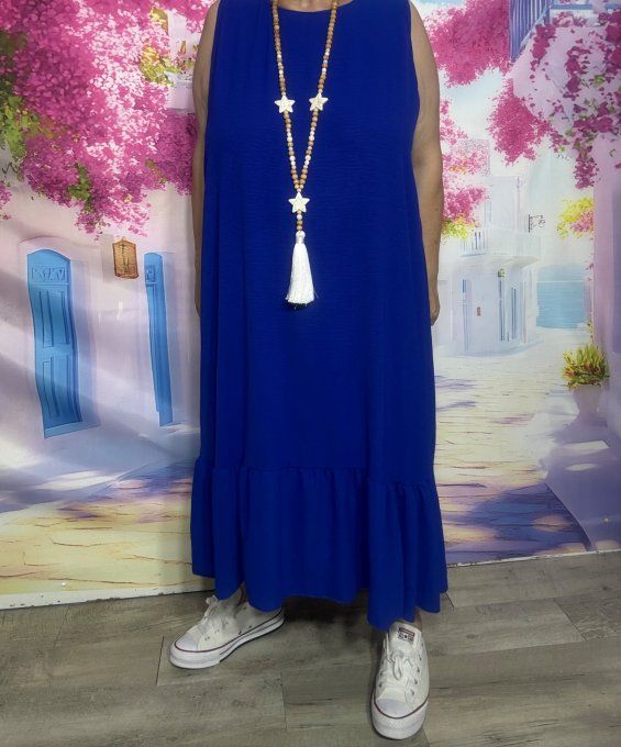 Robe ample mi-longue Bleu Royal sans manches dos triangle bas volanté douceur +++ du 42 au 52/54
