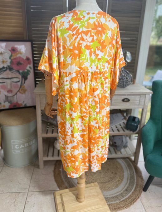 Robe courte trapèze fleurs camaïeu de oranges et verts du 38 au 48  