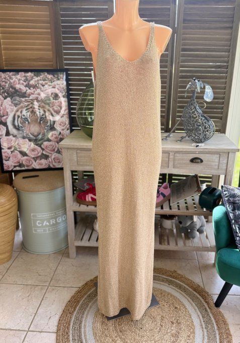 Maxi-robe longue beige lurex doré or du 38 au 42 et même bien + si portée près du corps
