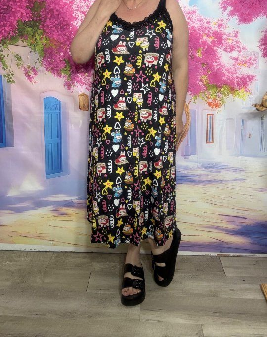 Robe nuisette lycra noire et dentelle Labubu in Love bretelles réglables du 38 au 48/50 