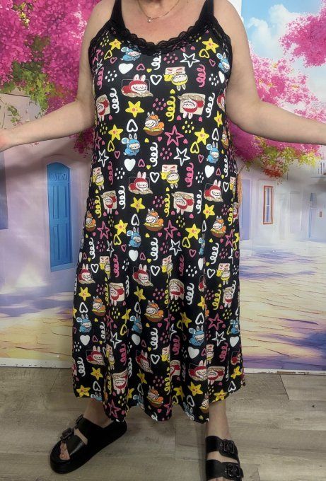 Robe nuisette lycra noire et dentelle Labubu in Love bretelles réglables du 38 au 48/50 