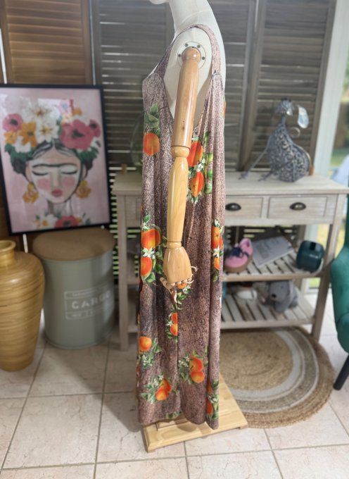 Robe trapèze longue à bretelles boisé marron La Jeune Fille aux oranges du 40 au au 52