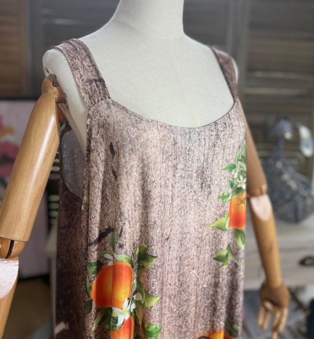Robe trapèze longue à bretelles boisé marron La Jeune Fille aux oranges du 40 au au 52