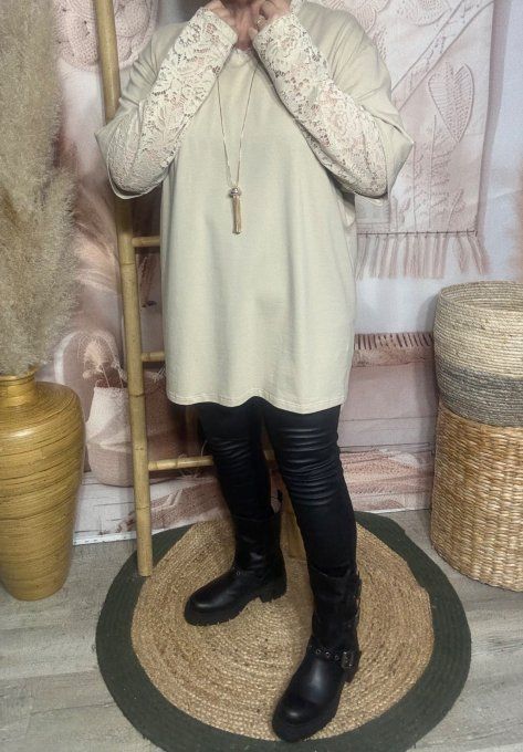 Top "2 en 1" col et manches longues en dentelle beige qualité +++ du 40 au 52/54