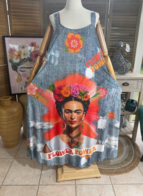 Robe trapèze longue à bretelles effet jeans Frida Kahlo du 40 au au 52 