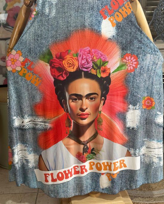 Robe trapèze longue à bretelles effet jeans Frida Kahlo du 40 au au 52 