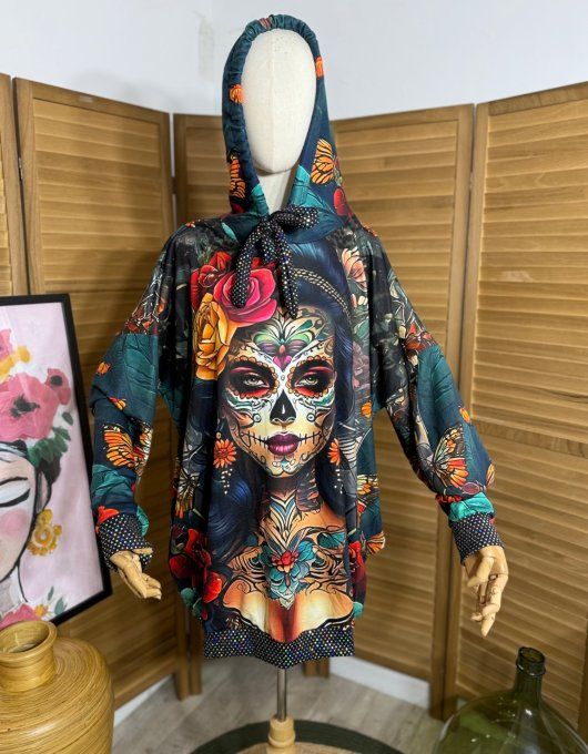Sweat à capuche long noir Catrina Tattoo Skulls Girl paillettes du 40 au 50/52  