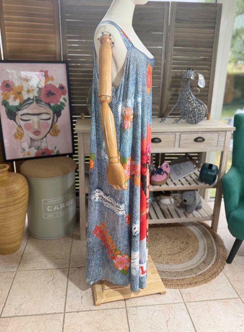 Robe trapèze longue à bretelles effet jeans Frida Kahlo du 40 au au 52 