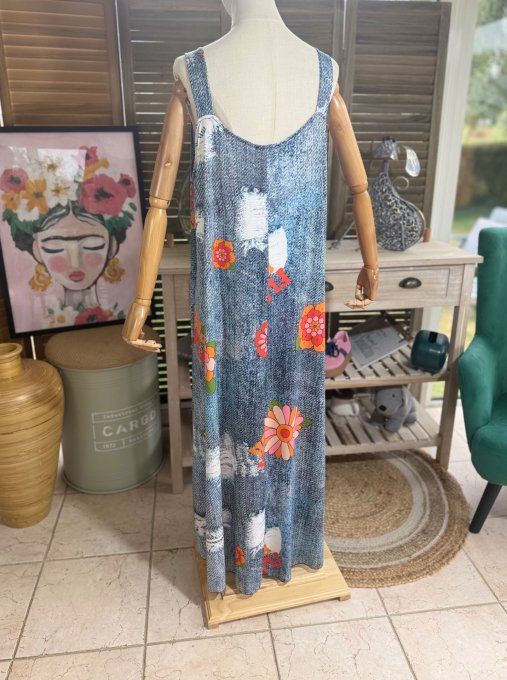 Robe trapèze longue à bretelles effet jeans Frida Kahlo du 40 au au 52 