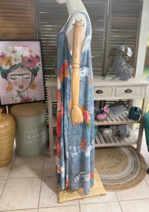 Robe trapèze longue à bretelles effet jeans Frida Kahlo du 40 au au 52 