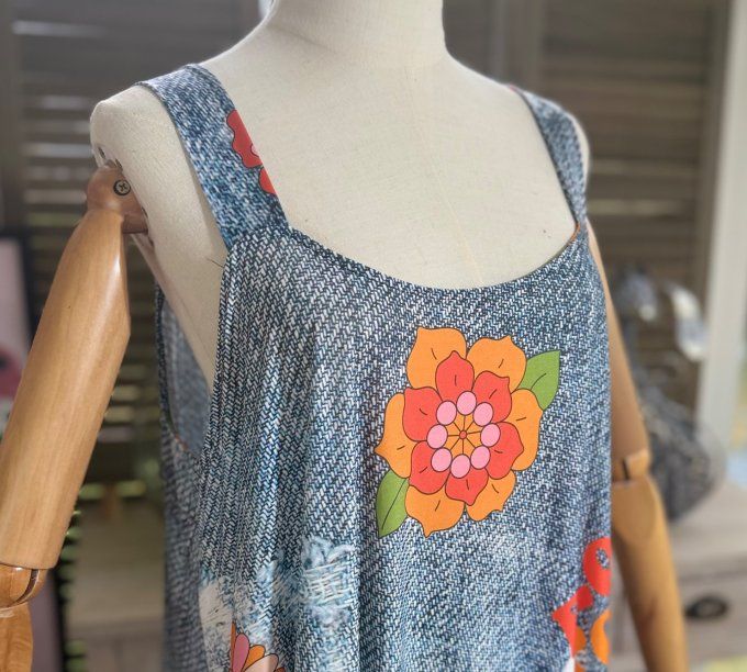 Robe trapèze longue à bretelles effet jeans Frida Kahlo du 40 au au 52 