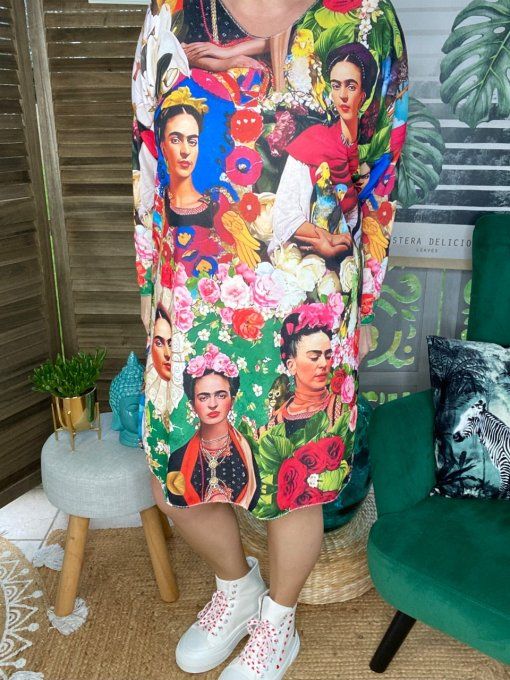 Tunique longue / robe courte blanche Portaits Frida Kahlo lurex du 40 au 46/48 