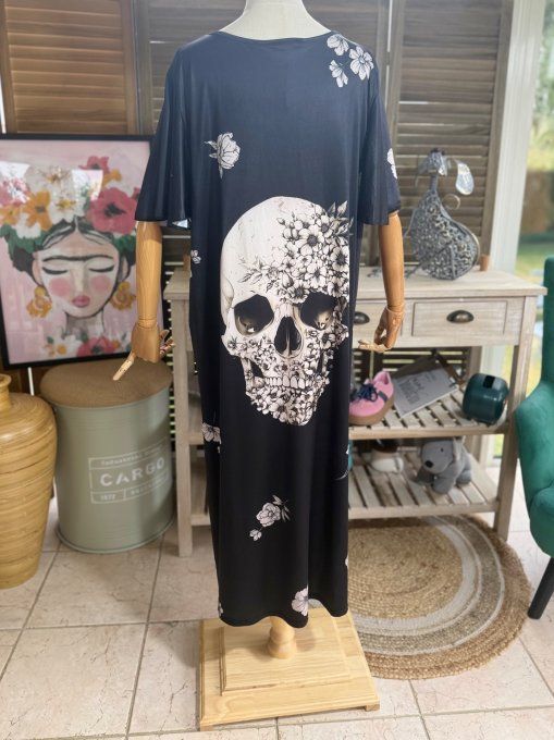 Robe longue satinée mat noire Mexican Skulls Calavera fleurie du 38 au 48/50 
