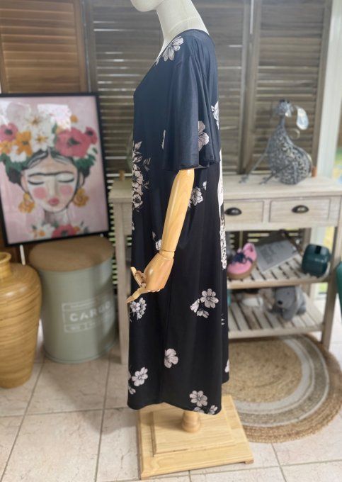 Robe longue satinée mat noire Mexican Skulls Calavera fleurie du 38 au 48/50 