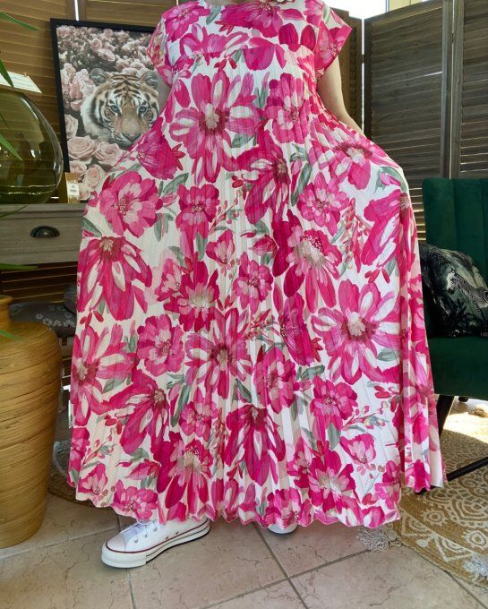 Robe ample longue plissée manches courtes Fleurs Printanières fuschia du 38 au 48/50