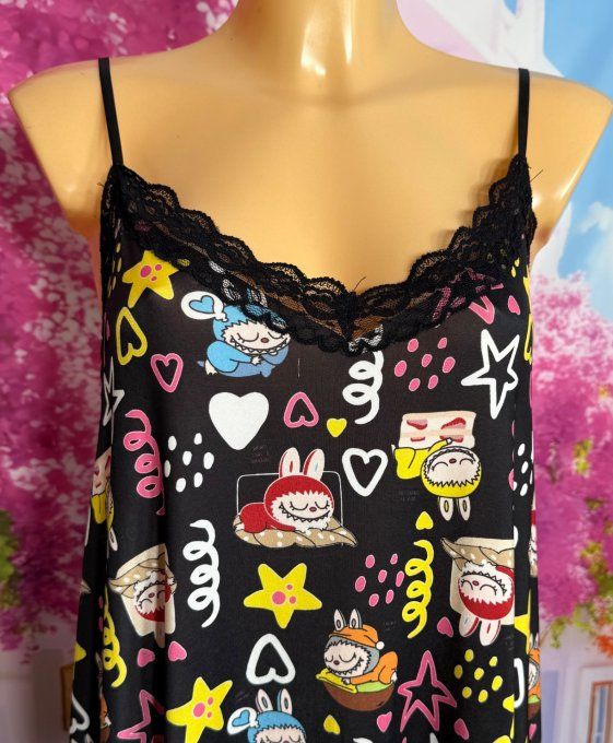 Robe nuisette lycra noire et dentelle Labubu in Love bretelles réglables du 38 au 48/50 