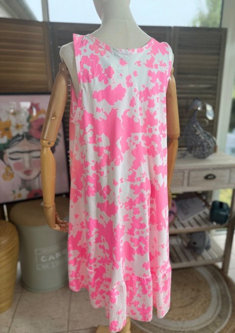 Robe mi-longue trapèze rose fluo & blanche du 38 au 46/48 