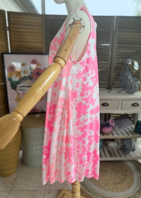 Robe mi-longue trapèze rose fluo & corail rosé du 38 au 46/48 (avec défaut !!!)