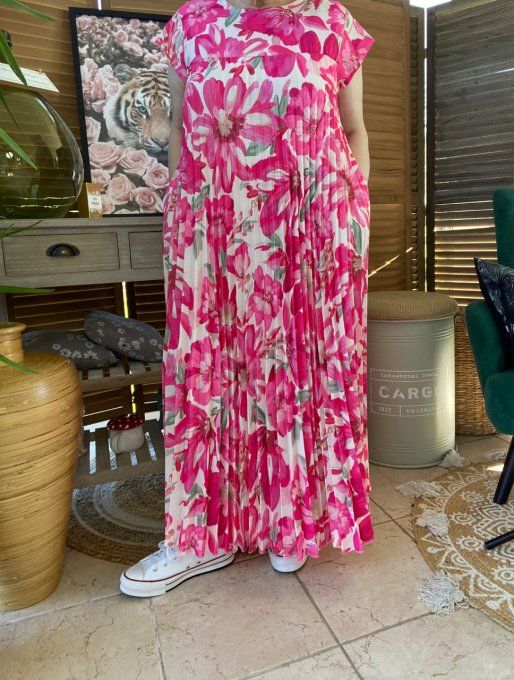 Robe ample longue plissée manches courtes Fleurs Printanières fuschia du 38 au 48/50