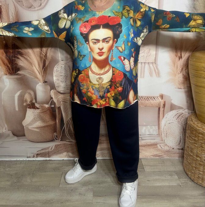 Top manches longues bleuté Frida Kahlo et les papillons du 40 au 50/52