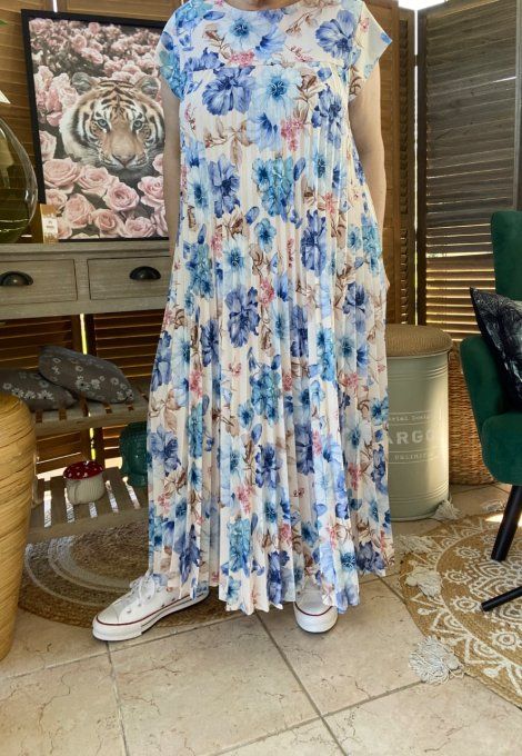 Robe ample longue plissée manches courtes Fleurs Printanières tons bleus du 38 au 48/50