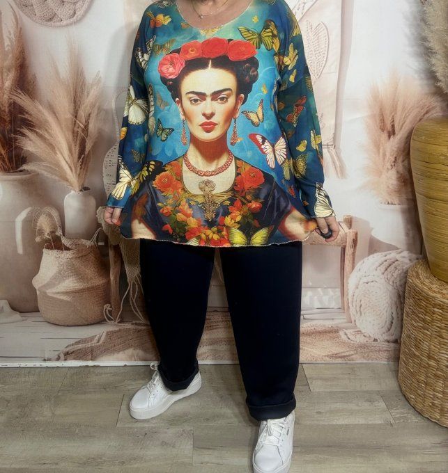 Top manches longues bleuté Frida Kahlo et les papillons du 40 au 50/52