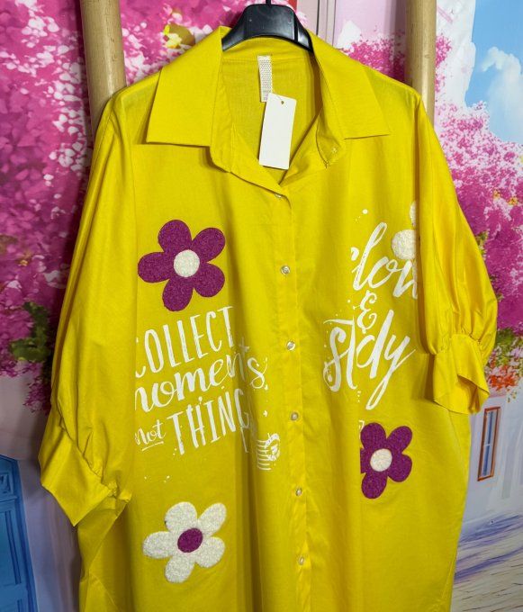 Chemise oversize asymétrique jaune Marguerites Fuschia du 42 au 54/56 