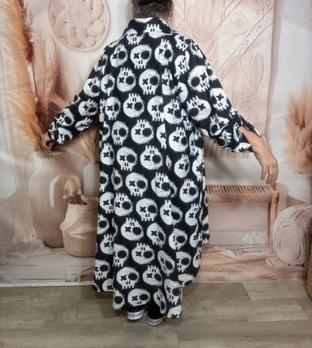 Maxi-chemise trapèze asymétrique noire Skulls Calaveras blanches du 40 au 50 et même +