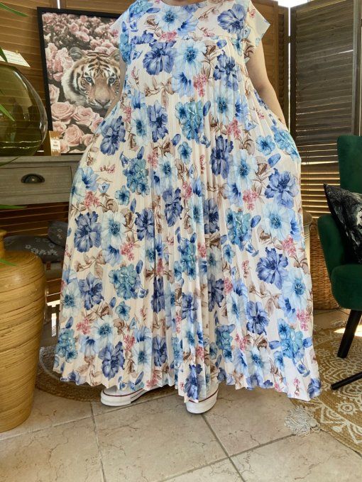 Robe ample longue plissée manches courtes Fleurs Printanières tons bleus du 38 au 48/50