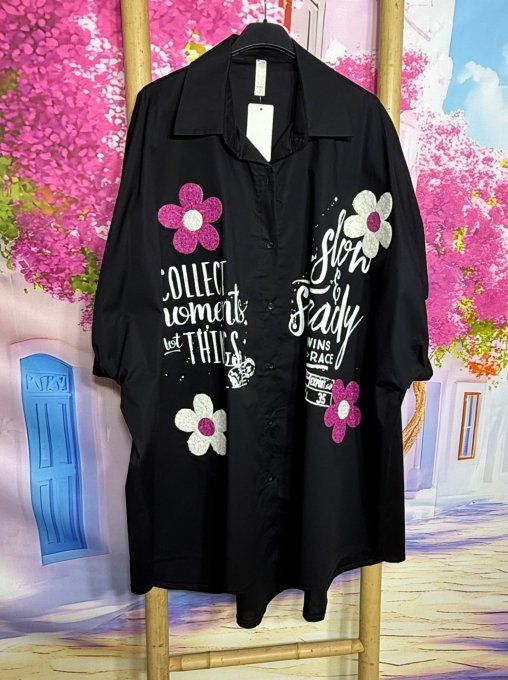 Chemise oversize asymétrique noire Marguerites Fuschia du 42 au 54/56 