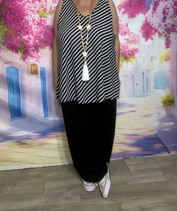 Blouse trapèze ample noire rayures obliques grises larges bretelles du 38 au 48 