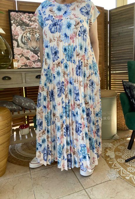 Robe ample longue plissée manches courtes Fleurs Printanières tons bleus du 38 au 48/50