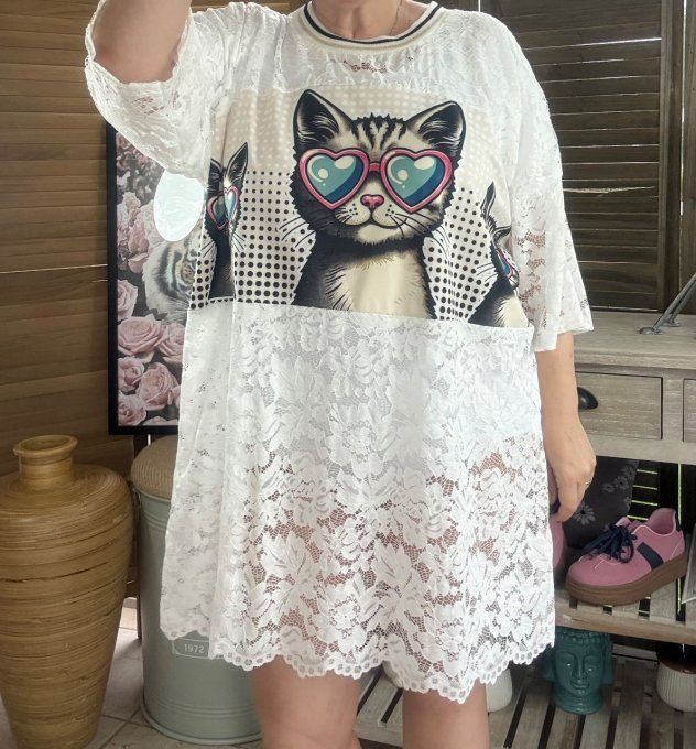Tunique ample dentelle blanche Les Chats aux Lunettes Coeurs du 40 au 50/52  