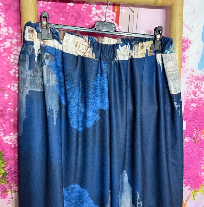 Pantalon palazzo fluide satiné marine Le Village cuisses larges taille élastiquée du 40 au 48/50