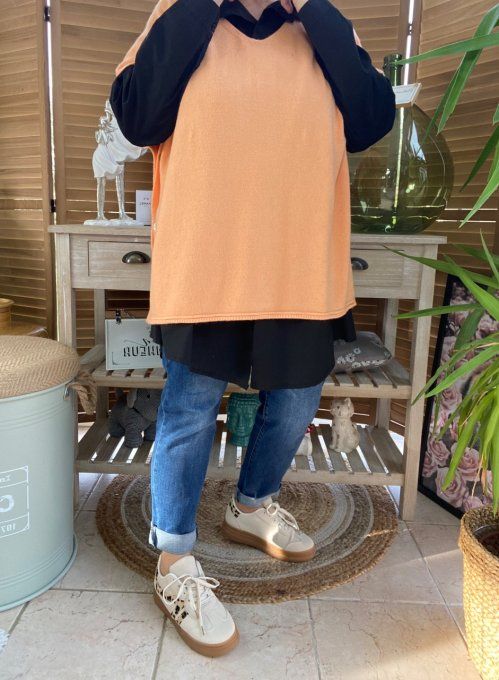 pull ample poncho Abricot col V douceur +++ du 40 au 50 et même +