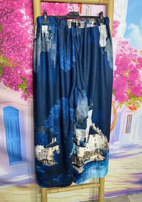 Pantalon palazzo fluide satiné marine Le Village cuisses larges taille élastiquée du 40 au 48/50