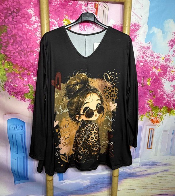 Tee-shirt Tunique trapèze col V noir Pretty Little Fashion Girl douceur +++ du 40 au 54/56 