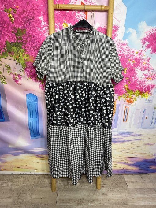 Robe trapèze volantée mi-longue Vichy noir et blanc Fleurs Liberty du 36 au 44/46