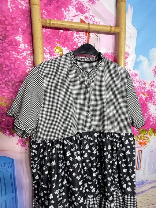 Robe trapèze volantée mi-longue Vichy noir et blanc Fleurs Liberty du 36 au 44/46