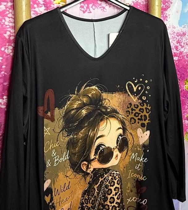 Tee-shirt Tunique trapèze col V noir Pretty Little Fashion Girl douceur +++ du 40 au 54/56 