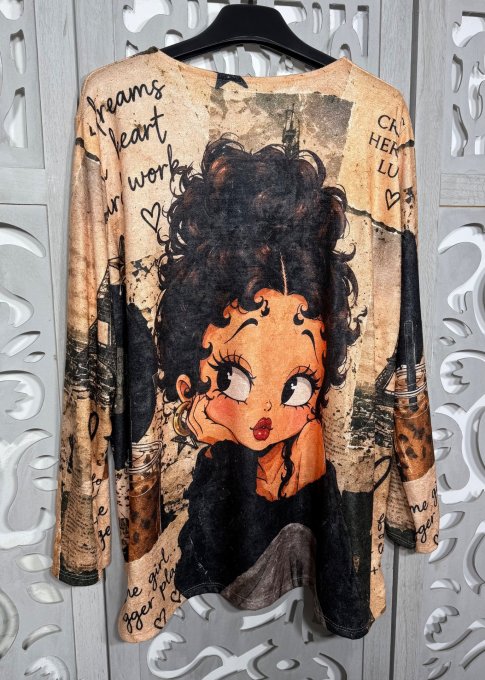 Tunique trapèze beige toucher velours Betty Boop Pin Up douceur +++ du 40 au 54