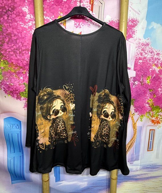 Tee-shirt Tunique trapèze col V noir Pretty Little Fashion Girl douceur +++ du 40 au 54/56 
