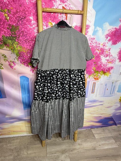 Robe trapèze volantée mi-longue Vichy noir et blanc Fleurs Liberty du 36 au 44/46